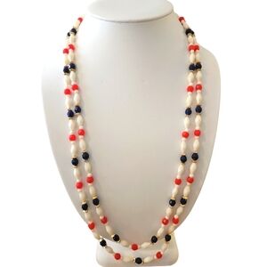Vintage Hong Kong Red, White, Blue, Gold Lucite Bead Double Strand Necklace